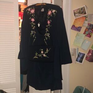 Two piece navy floral suit with matching bag